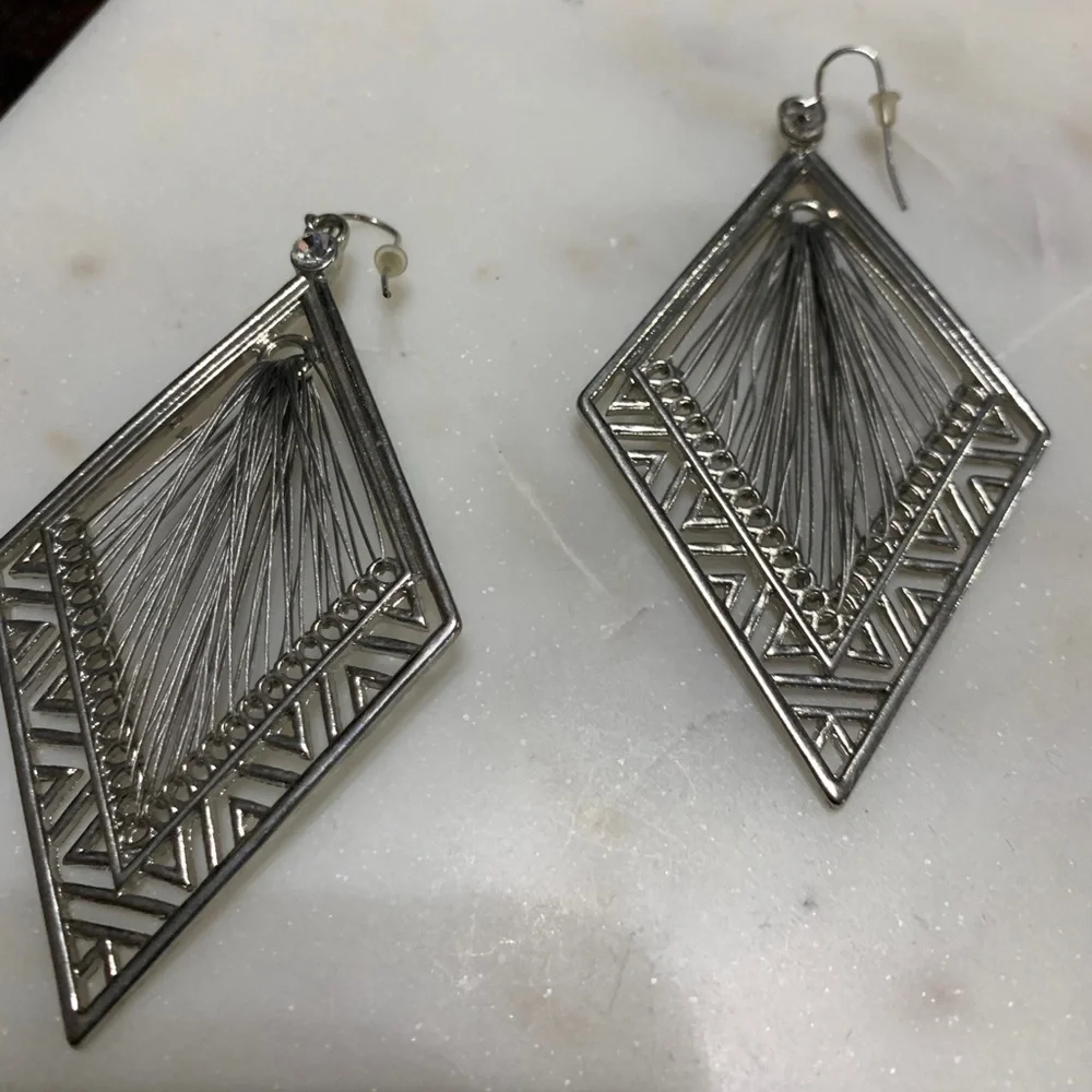 Boho Diamond shape string art silver tone earrings